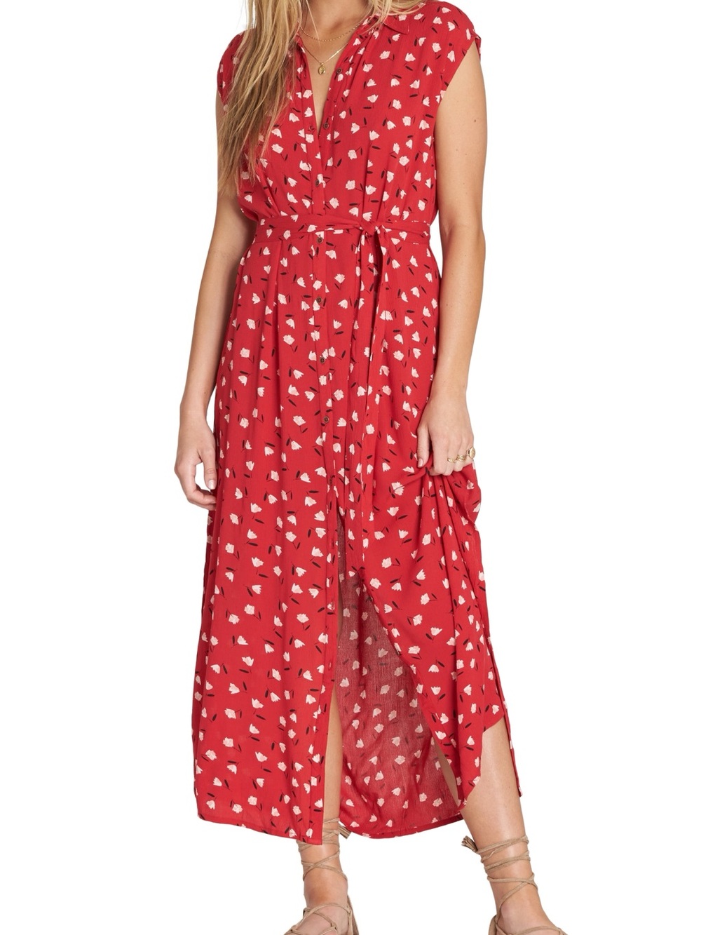 Sadie & Sage Red Cap-Sleeve Maxi Dress with White Petal Print